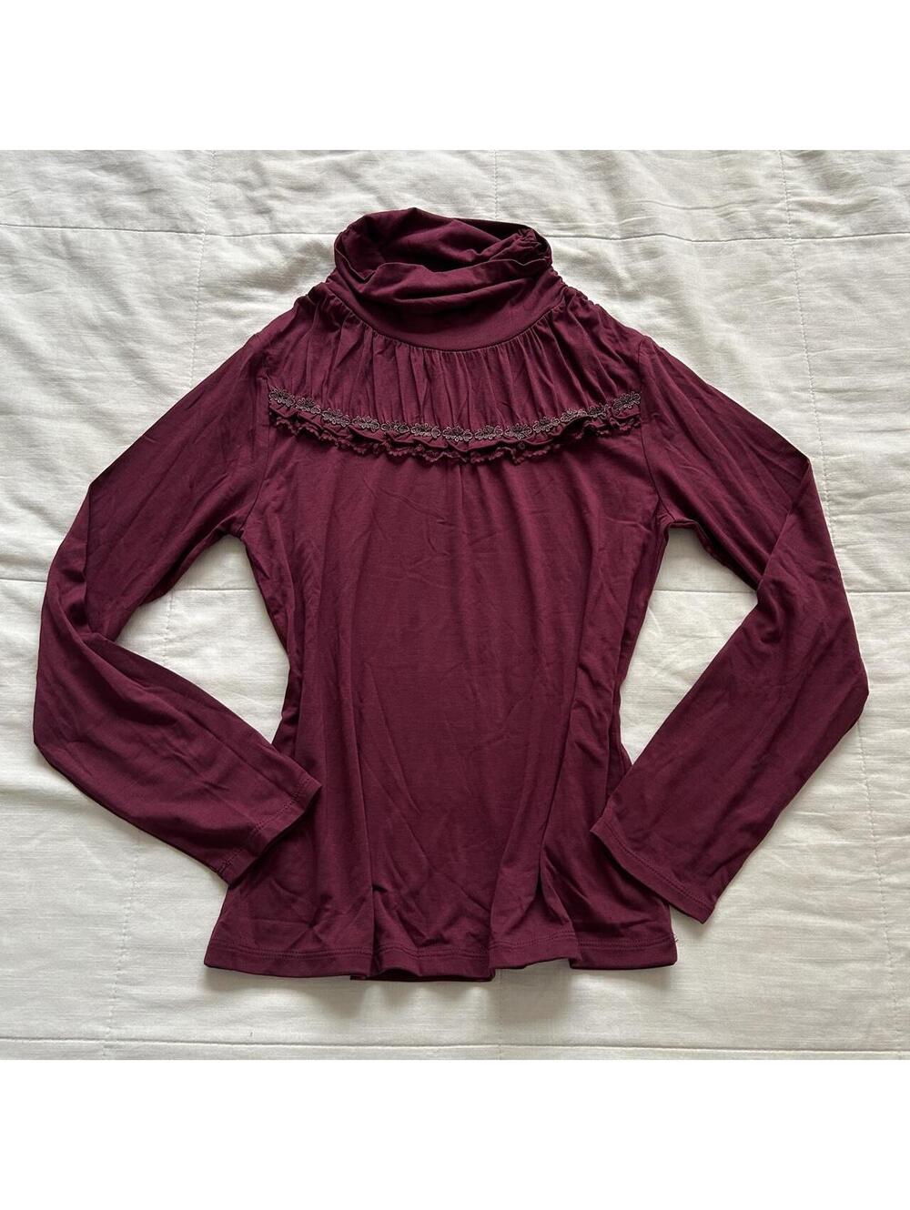 Axes Femme Burgundy Turtle Neck Ruffle Floral Trim Long Sleeve Top Size M Japan